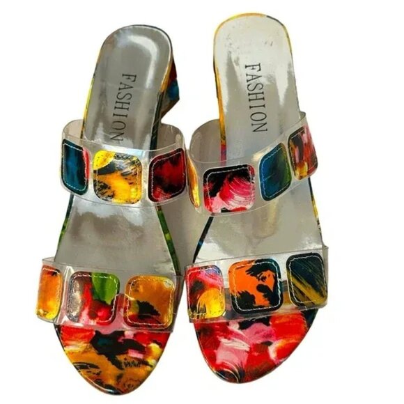 Fashion Nova vibrant multicolor square embellished chunky heeled mules 40 US 10 - Picture 4 of 11